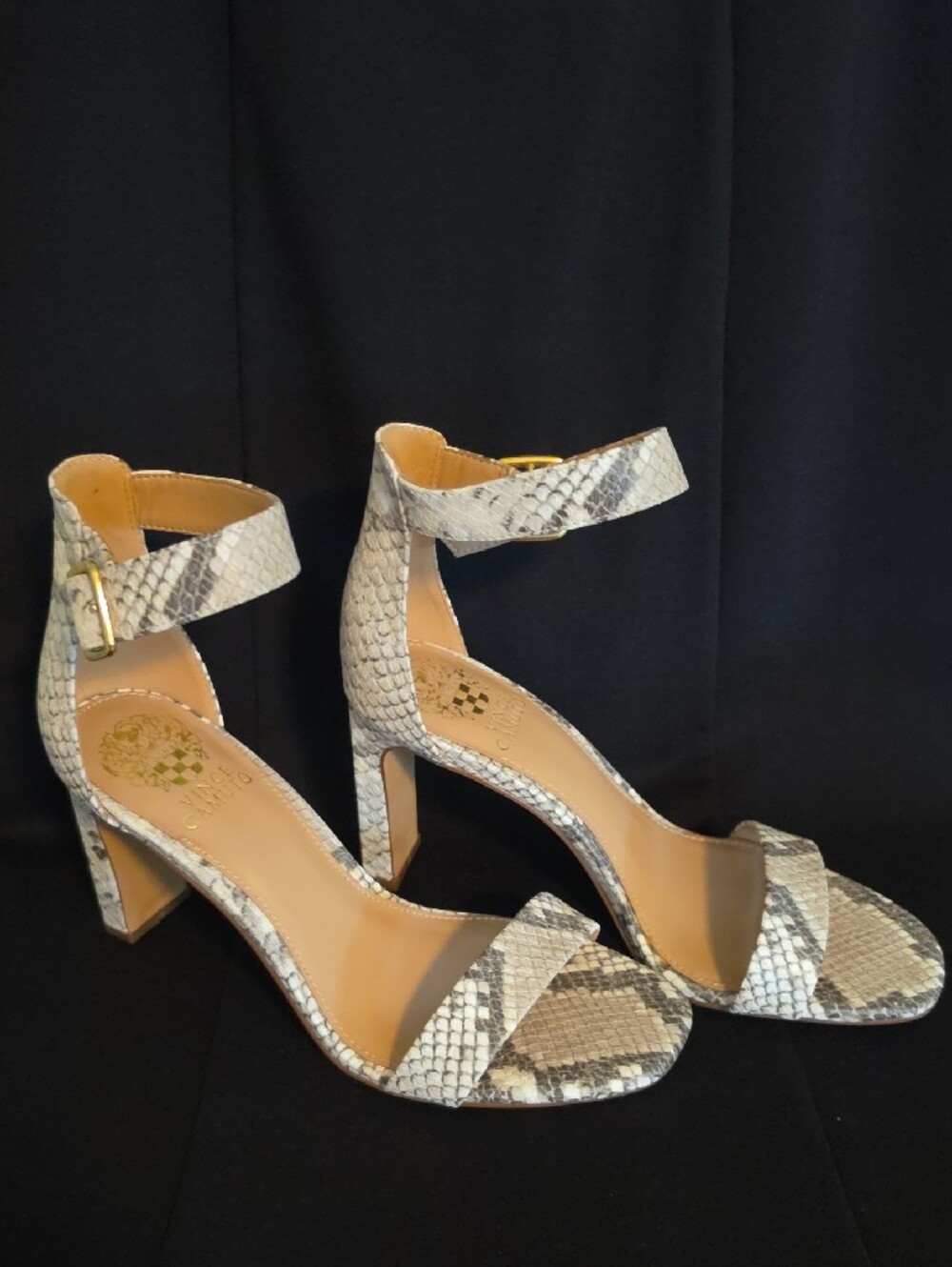 Vince Camuto Snake-Print Ankle Strap Heels in Neutral Tones